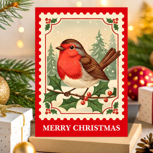 Retro Kerstmis Roodborst Postzegel Feestdagen Kaart