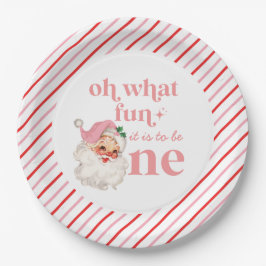Retro Kerstmis roze Kerstman Eerste Verjaardag Papieren Bordje