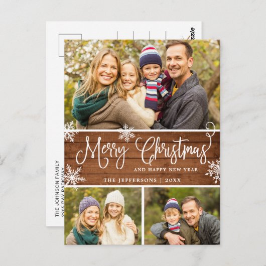 Retro Kerstmis Rustic 3 PHOTO Greep Briefkaart (Voorkant / Achterkant)