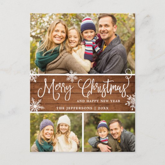 Retro Kerstmis Rustic 3 PHOTO Greep Briefkaart (Voorkant)