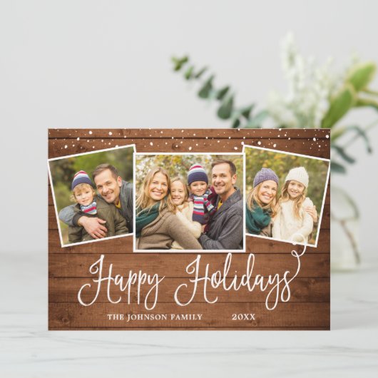 Retro Kerstmis Rustic 3 PHOTO Greep Feestdagenkaart (Staand voorkant)