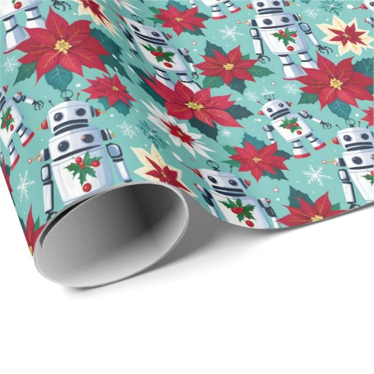 Retro Kerstmis Sci-Fi Robots en Poinsettia's Cadeaupapier (Rol Hoek)