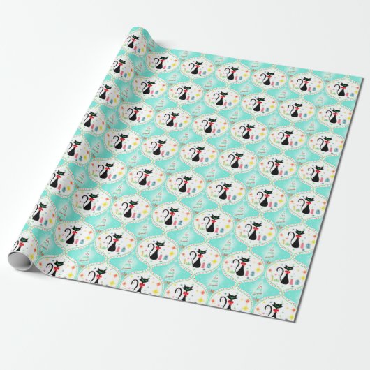 Retro Kerstmis Siamese Kat Ogee Patroon Cadeaupapier (Uitgerold)