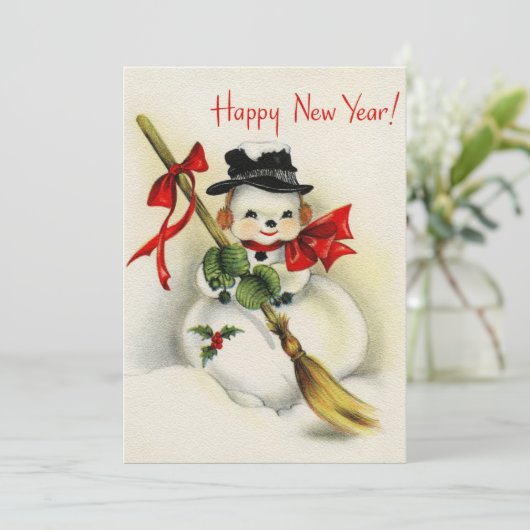 Retro Kerstmis Sneeuwman Gelukkig Nieuwjaar Feestdagenkaart (Staand voorkant)