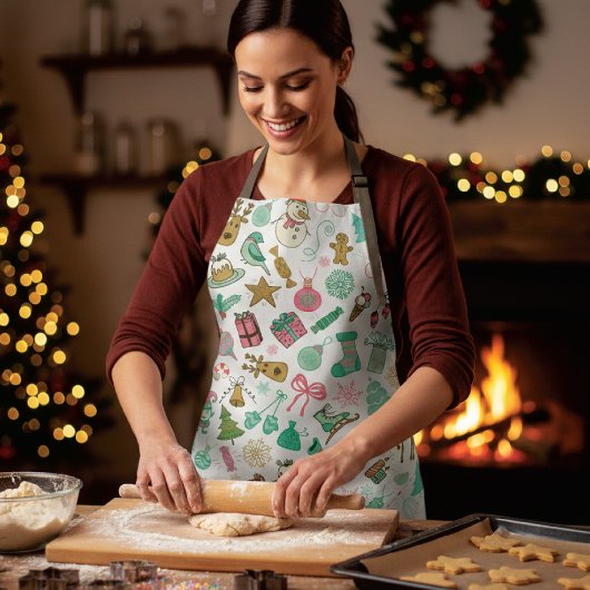 Retro Kerstmis Snowman Reindeer Doodles Schort