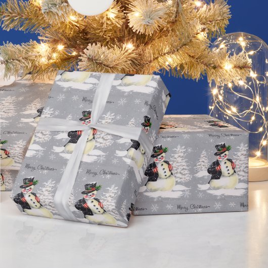 Retro Kerstmis Snowman Winter Scene Cadeaupapier (Feestdagen)