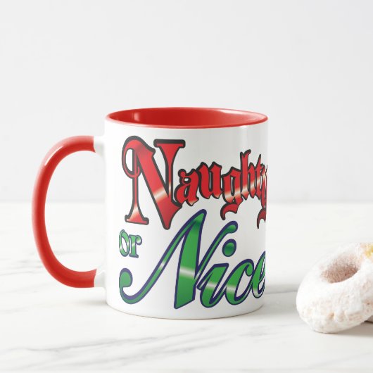 Retro Kerstmis, Stout of Braaf Rood Groene Letters Mok (Met donut)