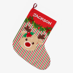 Retro Kerstmis Streeppatroon & Rendier Custom Grote Kerstsok