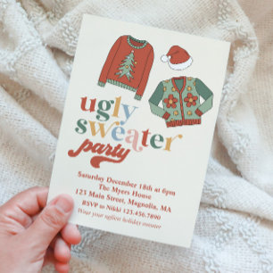 Retro Kerstmis Ugly Sweater Party Invitation Kaart