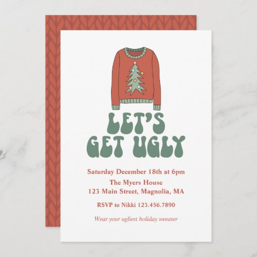 Retro Kerstmis Ugly Sweater Party Invitation Kaart (Voorkant / Achterkant)