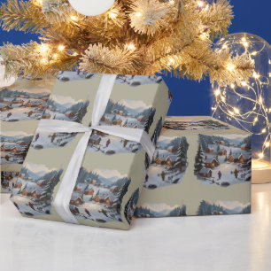 Retro Kerstmis Winterdorp 90er Bergen Bomen Cadeaupapier