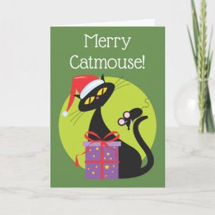 Retro Kerstmis Zwarte Kat Zwarte Muis Feestdagen Kaart