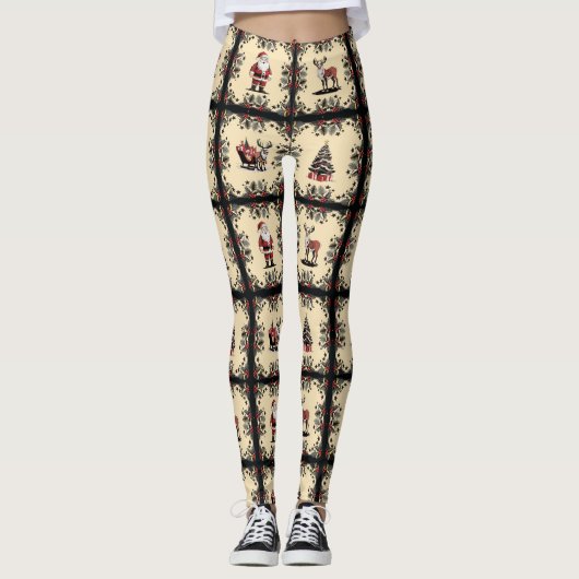 Retro kerstpatroonpatronen Leggings (Voorkant)