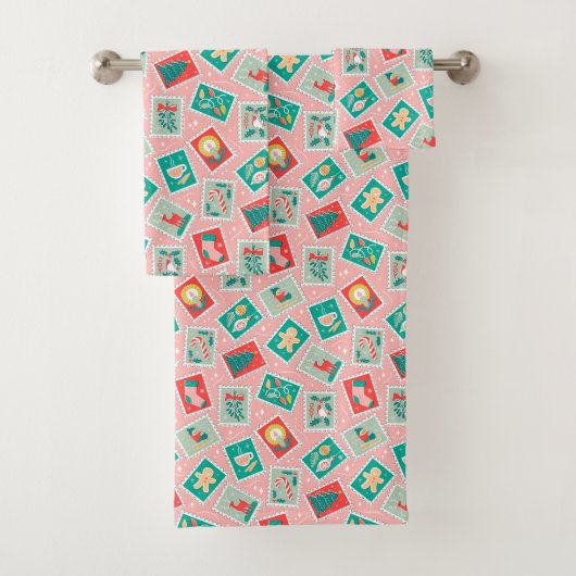 Retro Kerstpostzegels Bad Handdoek (Insitu)