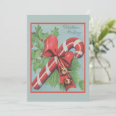 Retro kerstriet Bow Holly Berries Greetings Feestdagenkaart (Staand voorkant)