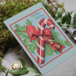 Retro kerstriet Bow Holly Berries Greetings Feestdagenkaart