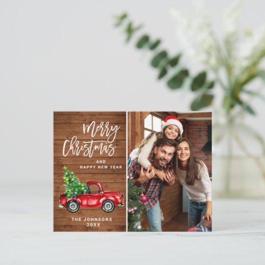 Retro-kerstrode vrachtwagen Rustic PHOTO-groet Briefkaart (Staand voorkant)