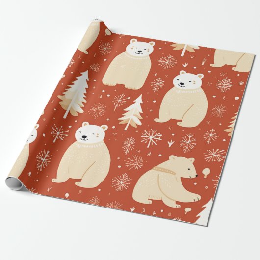 "Retro kerstrood en wit Beer en boom Cadeaupapier (Uitgerold)
