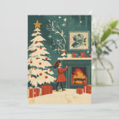 Retro Kerstscène Open haard Kind Feestdagenkaart (Staand voorkant)