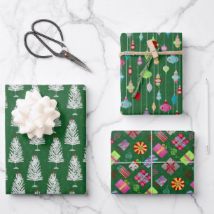 Retro kerstset 1 groene kerst inpakpapier vel