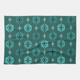Retro kerstsnowflakes Blauwgroen Theedoek