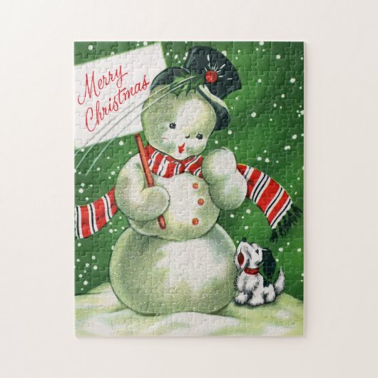 retro-kerstsnowman-kaart puzzel legpuzzel (Verticaal)