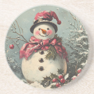 Retro Kerstsnowman Zandsteen Onderzetter