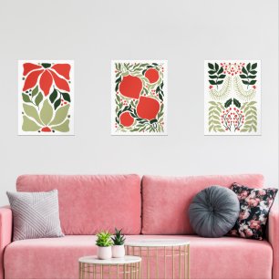 Retro Kerstvakantie Ornamenten & Botanisch Rood Muurkunst Sets