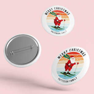 Retro kerstzonsondergang Skiing Santa Persoonlijk Ronde Button 3,2 Cm