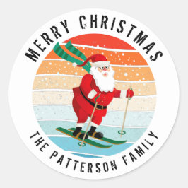 Retro kerstzonsondergang Skiing Santa Persoonlijk Ronde Sticker