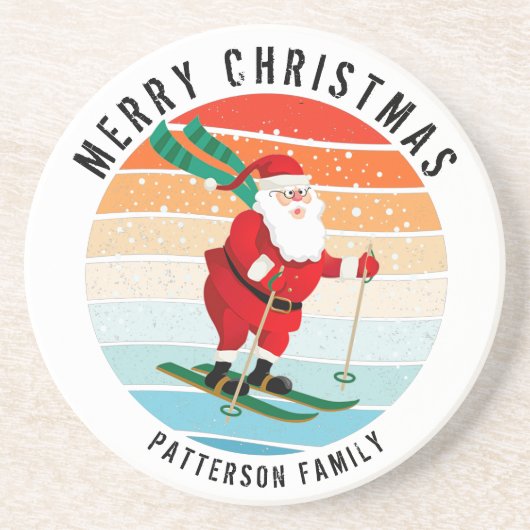 Retro kerstzonsondergang Skiing Santa Persoonlijk Zandsteen Onderzetter (Voorkant)