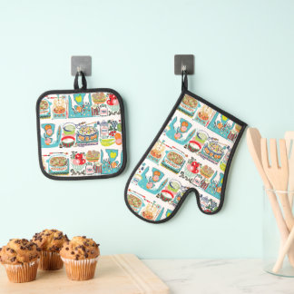 Retro Keuken Koken Boek Illustratie Aqua Ovenwant & Pannenlap Set