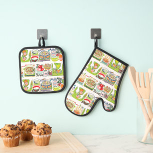 Retro Keuken Koken Boek Illustratie Helder Groen Ovenwant & Pannenlap Set