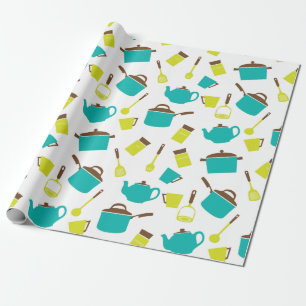 Retro  keukengereedschap 50s Geel Blauw Cadeaupapier