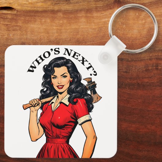Retro Killer Housewife “Who’s Next?” Keychain (Achterkant)