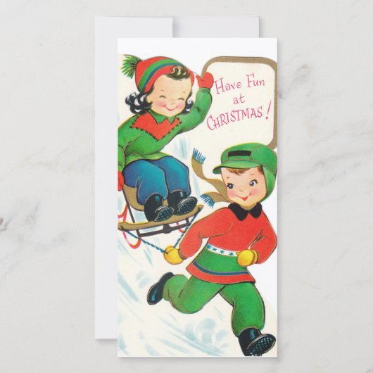 Retro Kinder Sledding Custom Christmas Feestdagenkaart (Voorkant)