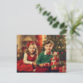 Retro,  kinderen met kerstcadeaus feestdagenkaart (Staand voorkant)