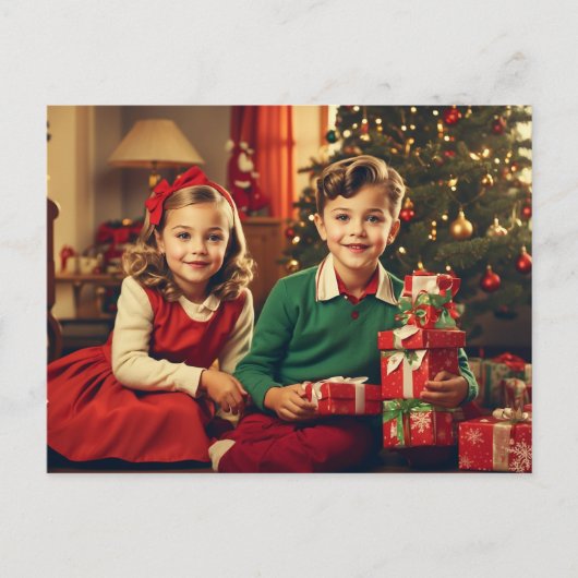 Retro,  kinderen met kerstcadeaus feestdagenkaart (Voorkant)