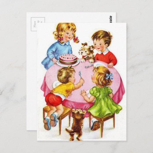 Retro Kinderverjaardagsfeestje Hondenkitten Briefkaart (Voorkant / Achterkant)