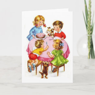 Retro Kinderverjaardagsfeestje Hondenkitten Kaart