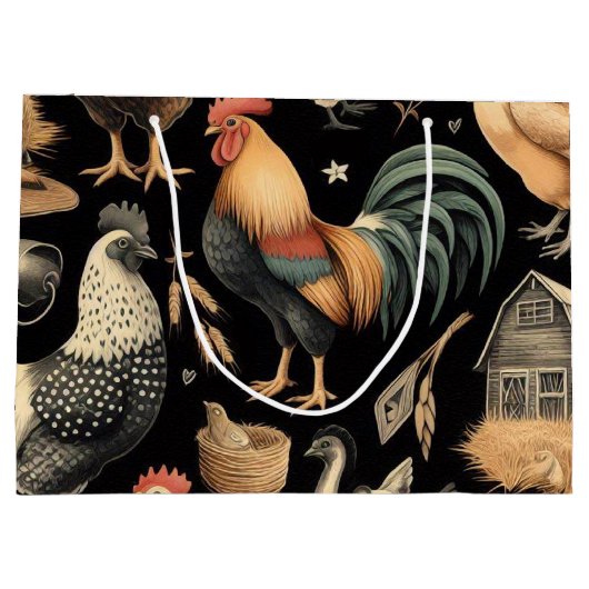 Retro Kip Boerderij Patroon Groot Cadeauzakje (Achterkant)