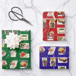  Retro Kitschy Kerst stickers 3 Kleur Inpakpapier Vel