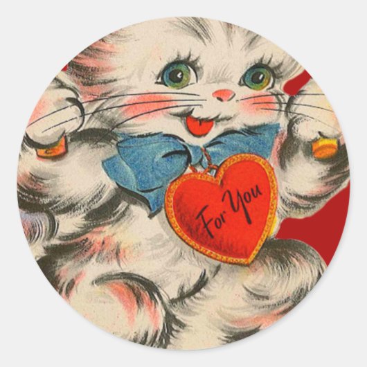  retro kitten met hart Valentijn Kaart Ronde Sticker (Voorkant)