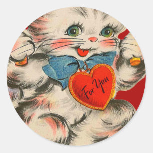 retro kitten met hart Valentijn Kaart Ronde Sticker