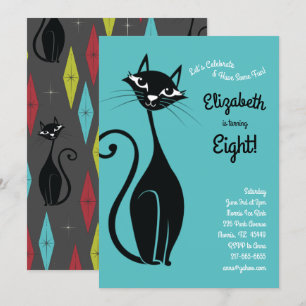 Retro Kitty Cat Kids Birthday Party Kaart