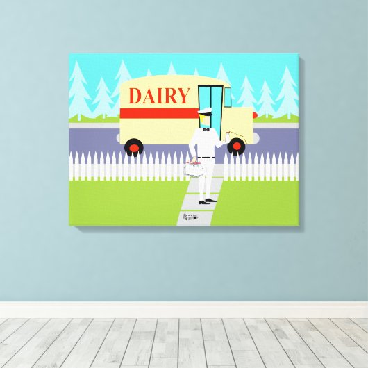 Retro kleine stad melkman uitgerekte canvas print (Insitu (Houten vloer))