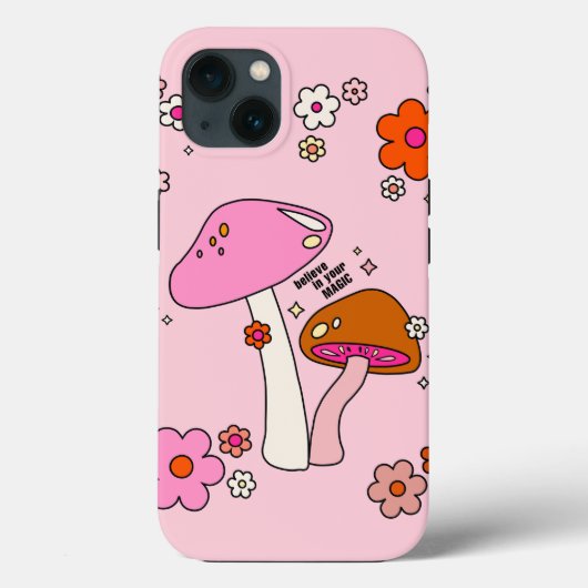 Retro-kleurige paddenstoelen en bloemen roze Case-Mate iPhone case (Achterkant)