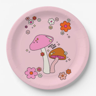 Retro-kleurige paddenstoelen en bloemen roze papieren bordje