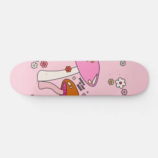 Retro-kleurige paddenstoelen en bloemen roze skateboard (Horizontaal)