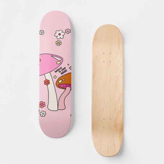 Retro-kleurige paddenstoelen en bloemen roze skateboard (Voorkant)